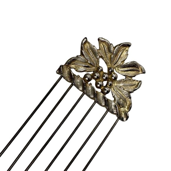Antique Floral Hair Comb Ornate Silvertone Metal Design Beaded - Picture 2 of 4
